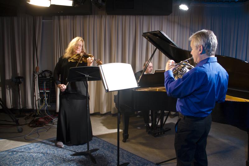 Members of The Orchestra of St. Luke's: Stewart Rose on the horn, Krista Bennion Feeney on violin and Pedja Muzijevic on piano.