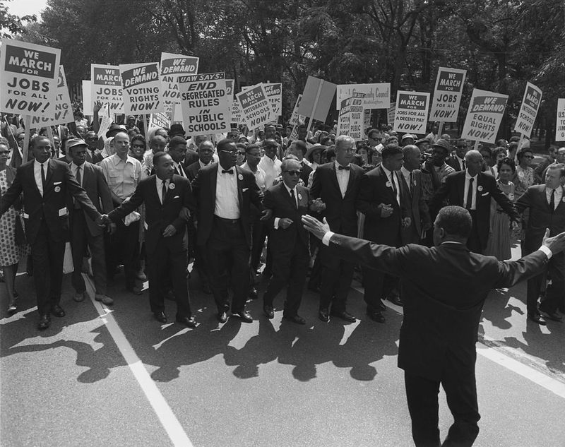 The March on Washington, August 28, 1963. Civil rights and union leaders, including Martin Luther King Jr., Joseph L. Rauh Jr., Whitney Young and others pictured.