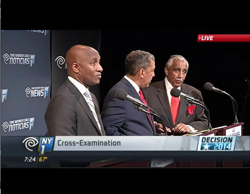 From left, Pastor Michael Walrond, State Senator Adriano Espaillat and Congressman Charles Rangel during NY1's debate at Lehman College
