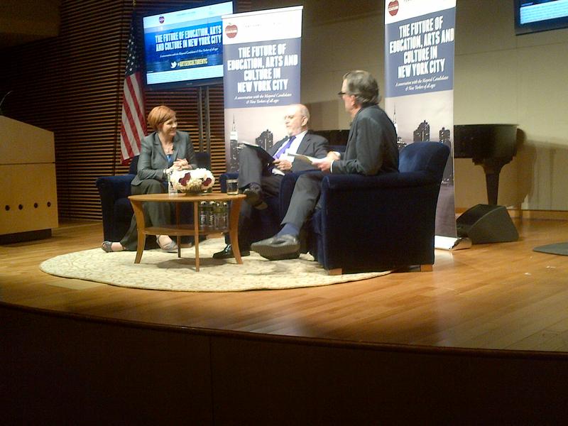 City Council Speaker Christine Quinn, fielding questions from WNYC hosts Leonard Lopate and Kurt Andersen (right)