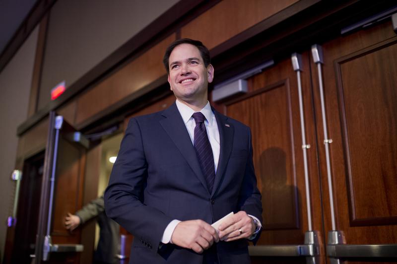 Sen. Marco Rubio, R-Fla., arrives to speak during the International Association of Fire Fighters Presidential Forum at the Hyatt Regency on Capitol Hill, March 10, 2015.