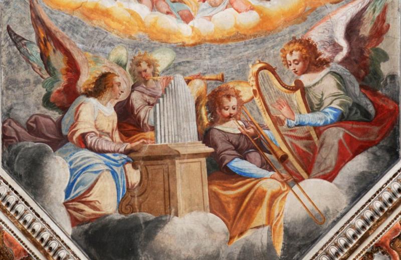 A celestial band featuring a trombone like instrument, by an Anonymous Artist