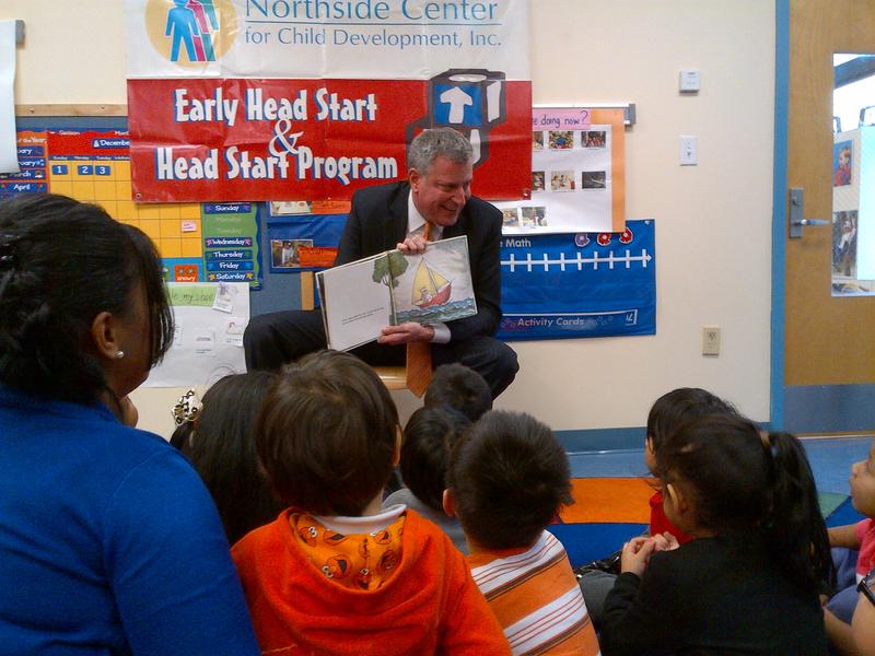 Mayor elect Bill de Blasio reading "Where the Wild Things Are" to pre-schoolers