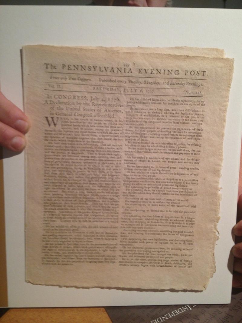 A photo of the rare first newspaper printing of the Deceleration of Independence, which appeared in the July 6, 1776 issue of the Pennsylvania Evening Post.