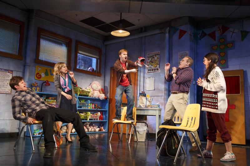 Michael Oberholtzer, Geneva Carr, Steven Boyer, Marc Kudisch and Sarah Stiles in a scene from 'Hand to God' on Broadway.