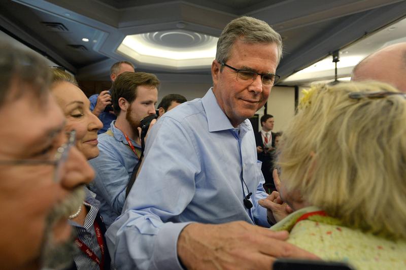 Former Florida Gov. Jeb Bush greets people after speaking at the First in the Nation Republican Leadership Summit April 17, 2015 in Nashua, New Hampshire.