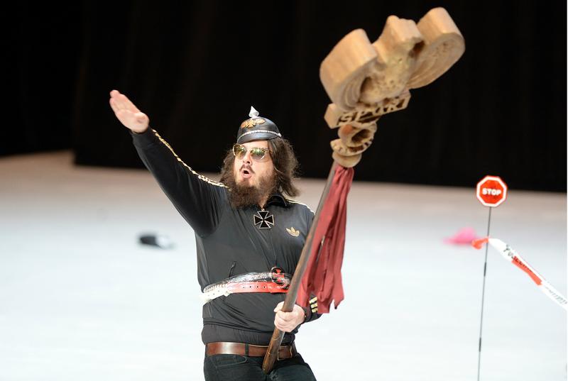 German artist Jonathan Meese performs his play 'Generaltanz den Erzschiller' on stage at the National Theatre in Mannheim in 2013