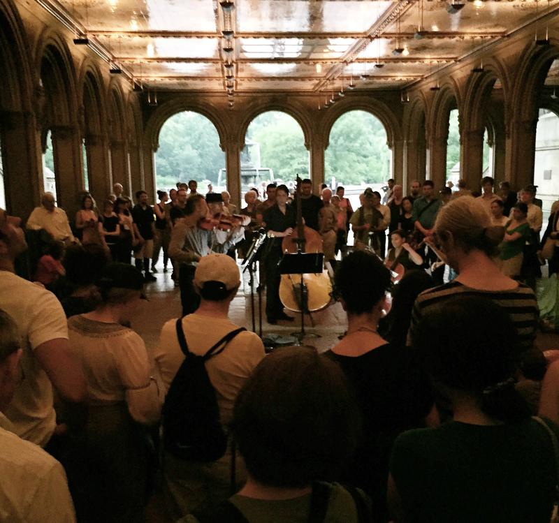 The Knights performed in a sheltered area near the Bethesda Fountain during the rain delay at the Naumburg Bandshell