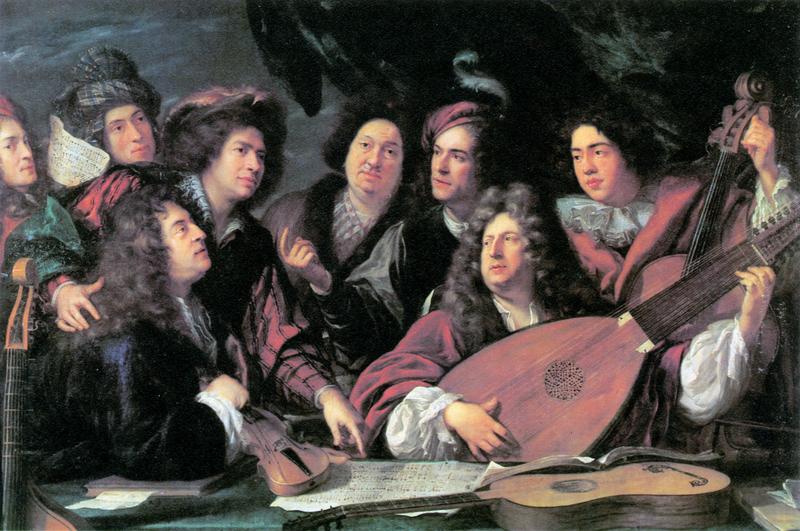 Jean Baptiste Lully (second from right), rocking out in the 1680s with his long-haired buddies.