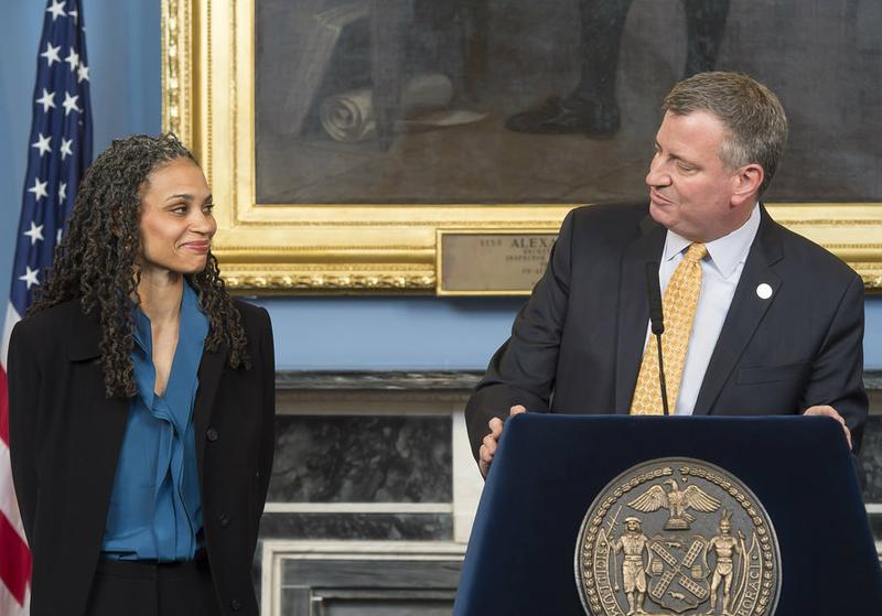 Mayor Bill de Blasio announcing Maya Wiley as his new counsel in 2014. She leaves that job later this month and becomes the chair of the Civilian Complaint Review Board.
