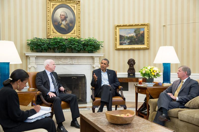 President Barack Obama meets with Senators John McCain and Lindsey Graham in the Oval Office to discuss Syria, Sept. 2, 2013. National Security Advisor Susan E. Rice is at left.