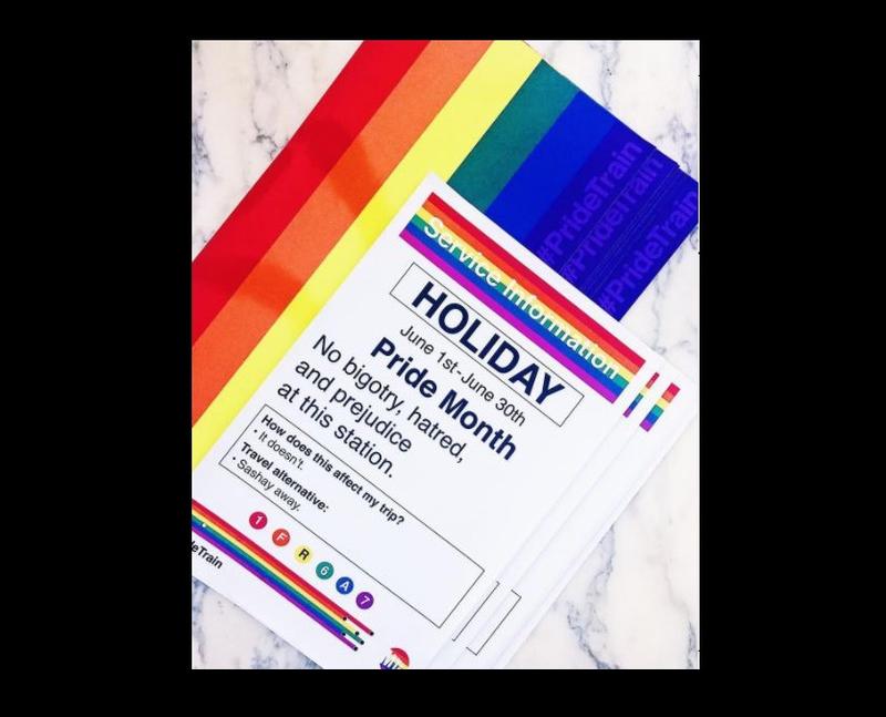 A #PrideTrain poster in an MTA station, designed by Thomas Shim, Ezequiel Consoli and Jack Welles.