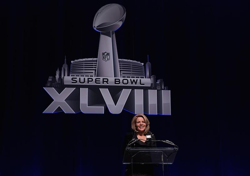 Renée Fleming speaks at the Super Bowl XLVIII Halftime Show Press Conference at Jazz at Lincoln Center