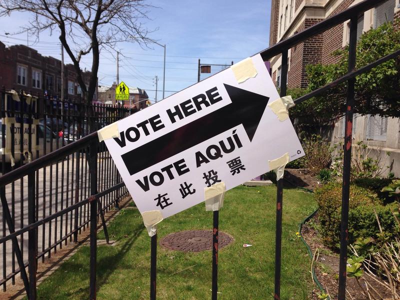 A multilingual sign outside a polling site in Dyker Heights, Brooklyn.