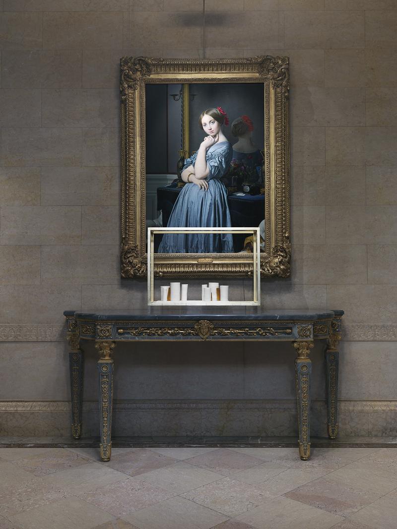 "that pause of space, 2019" by Edmun de Waal placed in front of Jean-August-Dominique Ingres' "Comtesse d'Haussonville (1845)" at the Frick Collection.