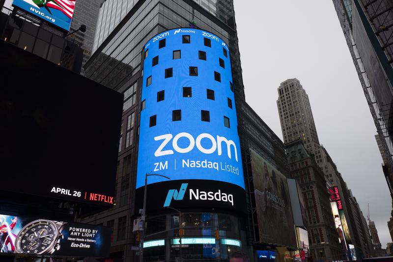 A sign for Zoom Video Communications ahead Nasdaq IPO in New York (April 18, 2019).