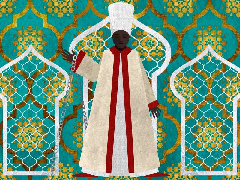 Osmin wears a white robe with his eyes peacefully closed. His background includes an intricate gold leaf pattern symbolizing luxary.  