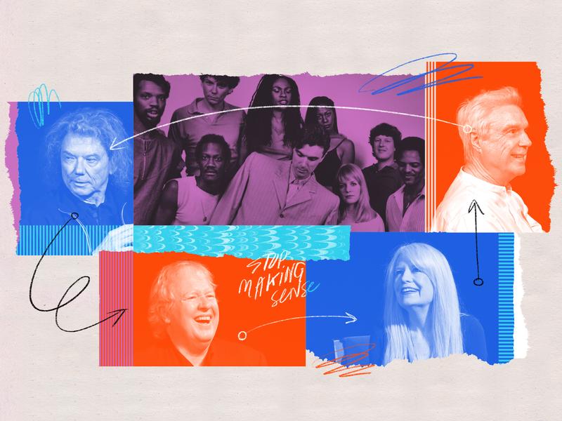 The members of Talking Heads — Jerry Harrison, Chris Frantz, Tina Weymouth and David Byrne — today and as they appeared in 1983 with their live band, for the concerts that would become the film <em data-stringify-type="italic">Stop Making Sense</em>.