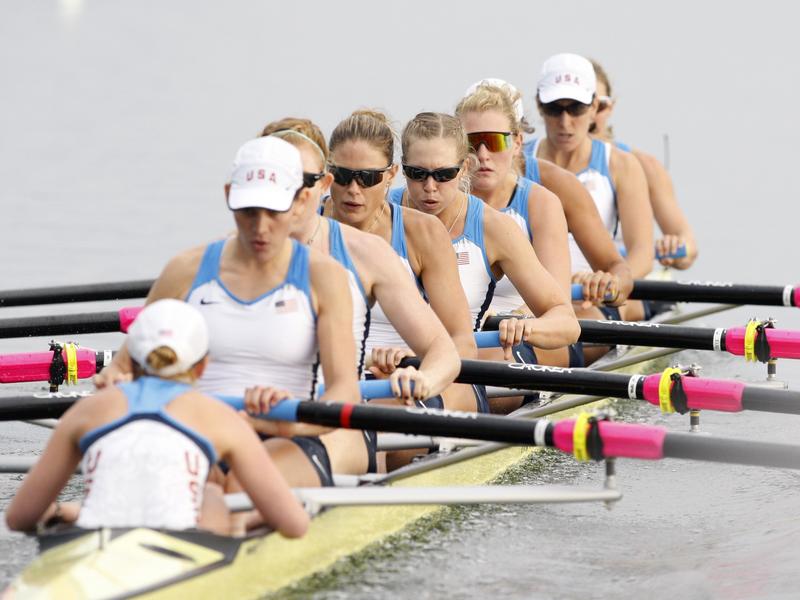 The gold-medal winning U.S. rowing team — coxswain at lower left — at the 2008 Olympic Games in Beijing.