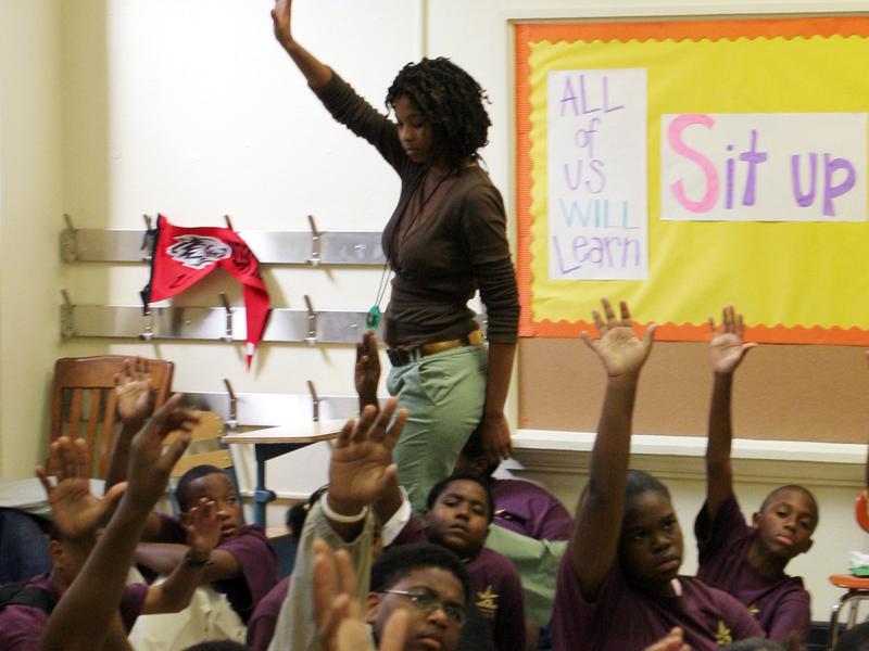 Teacher Towana Pierre-Floyd in her classroom at New Orleans West in 2005. It's a structured charter school set up for students and teachers displaced by the storm.