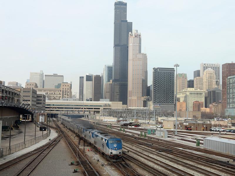 An Amtrak train leaves Chicago's Union Station on its way to Los Angeles.