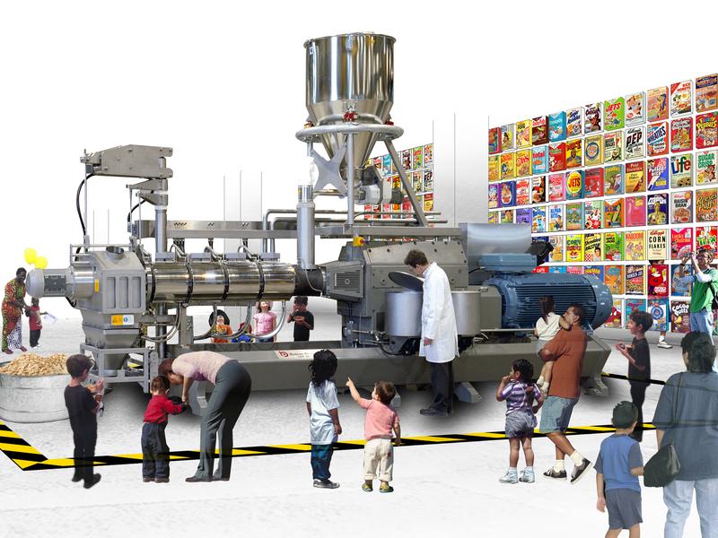 The Food and Drink Museum will open in its first permanent home – a mini-museum in Brooklyn — in October. The plan is to move into a bigger, final home by 2019. Above, an artist's rendering shows one potential exhibit – on ready-to-eat cereal — in MOFAD's final space. In the foreground is an extruder, a giant machine used to cook and shape cereal.