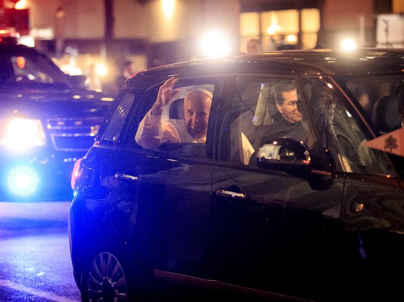 Pope Francis leaves St. Patrick's Cathedral in a Fiat 500L in New York City on Thursday.