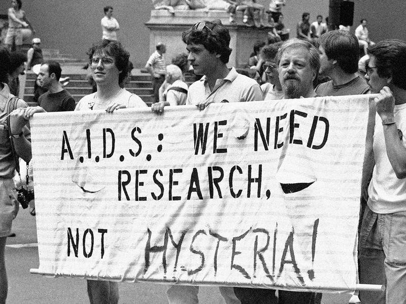 Men protesting in support of more money for AIDS research marched down Fifth Avenue during the 14th annual Lesbian and Gay Pride parade in New York in 1983.