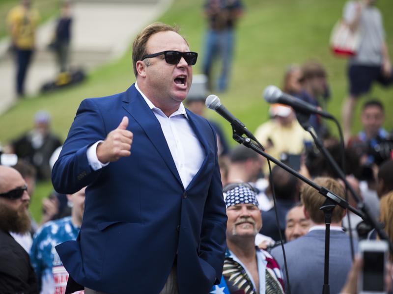 Radio talk show host Alex Jones speaks during a rally in support of Donald Trump near the Republican National Convention in Cleveland on July 18.
