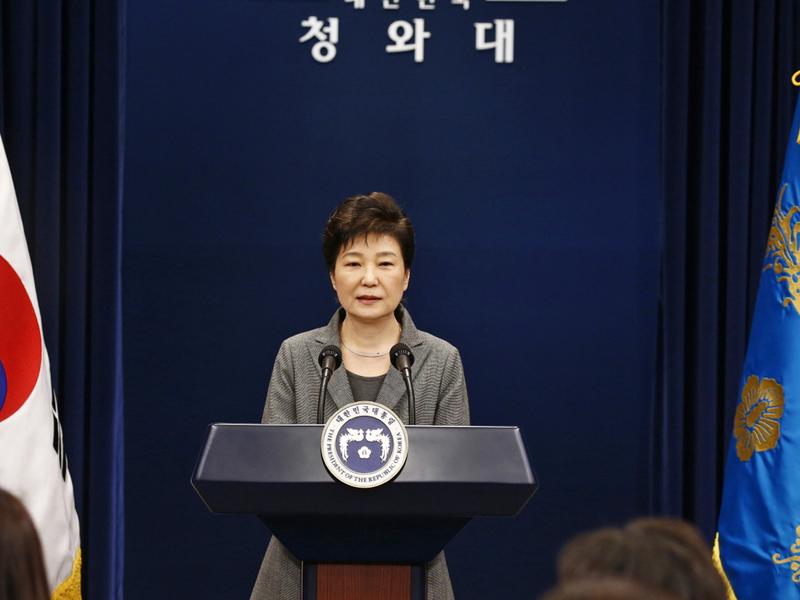 South Korean President Park Geun-hye is shown during a Nov. 29 televised address. The country's first female leader was impeached on Friday.