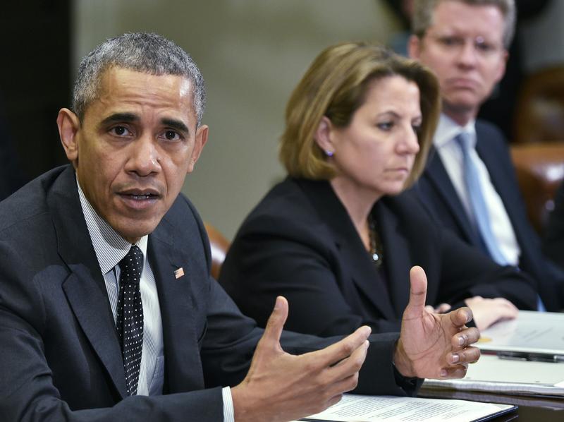 President Obama meets with members of his national security team and cybersecurity advisers in February. Homeland security adviser Lisa Monaco and Office of Management and Budget Director Shaun Donovan are at right.