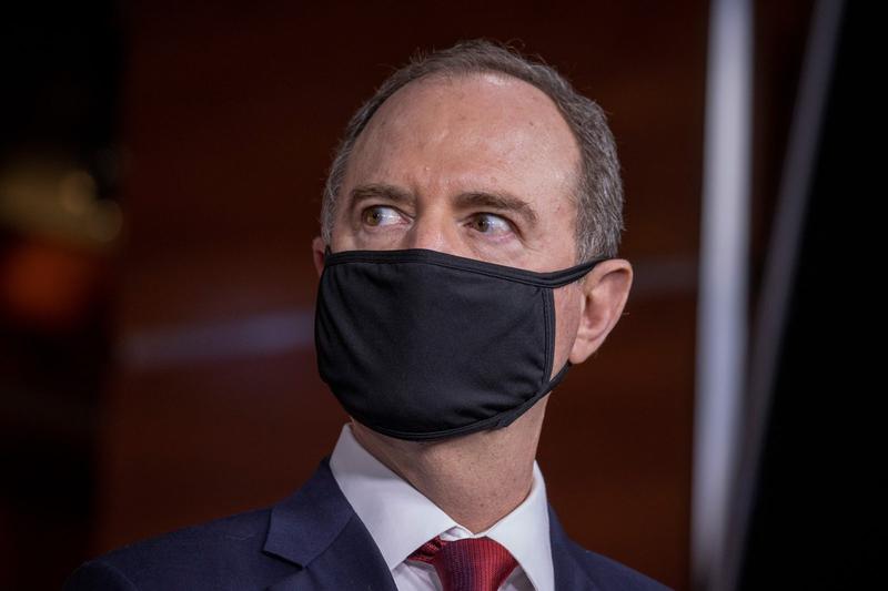 Rep. Adam Schiff (D-CA) looks on during a press conference on Capitol Hill in Washington, DC.