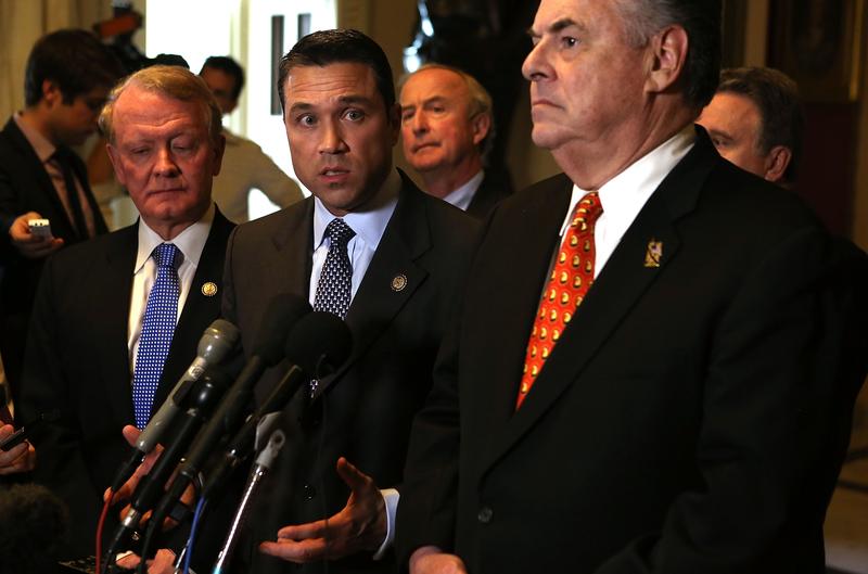 (R-L) U.S. Rep. Peter King (R-NY), Rep. Rodney Frelinghuysen (R-NJ), Rep. Michael Grimm (R-NY) and Rep. Leonard Lance (R-NJ) speak to the media about the Sandy aid bill.