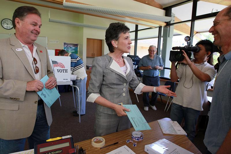 Republican candidate for U.S. Senate and former HP CEO Carly Fiorina greets poll workers before voting June 8, 2010 in Los Altos Hills, California.