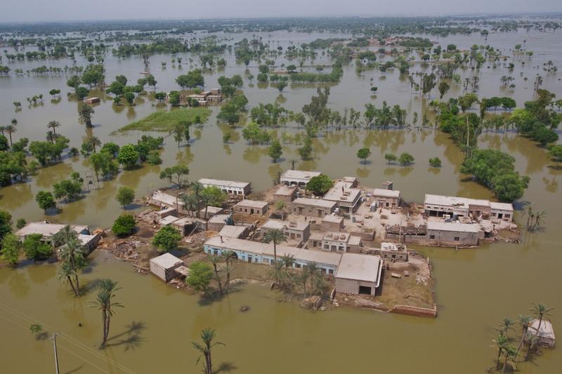 Houses are seen surrounded by flood waters from a Pakistan Army helicopter on August 22, 2010 in the village of Shah Jamaal west of Muzaffargarh in Punjab, Pakistan.