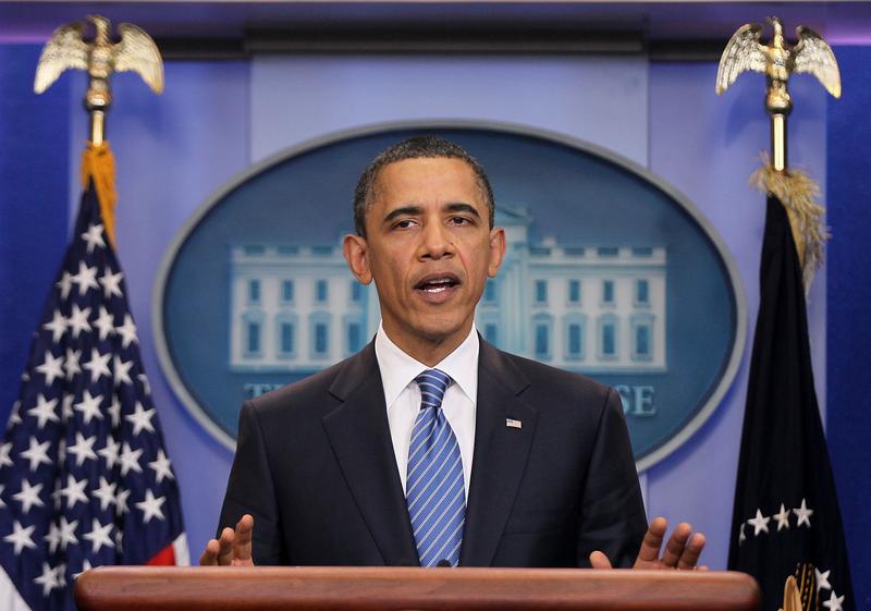 U.S. President Barack Obama makes a statement to the media after an evening meeting with Speaker of the House Rep. John Boehner (R-OH) and Senate Majority Leader Sen. Harry Reid (D-NV) April 7, 2011.
