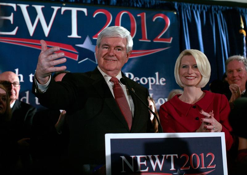 Former Speaker of the House Newt Gingrich speaks during a primary night rally in Columbia, South Carolina.