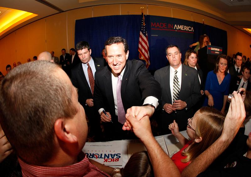 Republican presidential candidate, former U.S. Sen. Rick Santorum greats supporters after winning the both Alabama and Mississippi primaries on March 13, 2012 in Lafayette, Louisiana.
