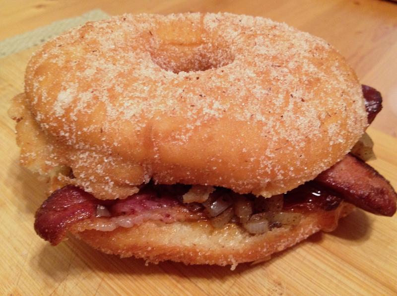Kahuna #2: Dough sugar donut with Meat Hook hotdog (split), bacon, white miso spread, fig jam, sautéed onions