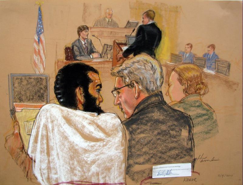 In this sketch by Janet Hamlin, Canadian defendant Omar Khadr attends his hearing before the US military war crimes commission at Camp Justice in Guantanamo Bay US Naval Base, on August 9, 2010.