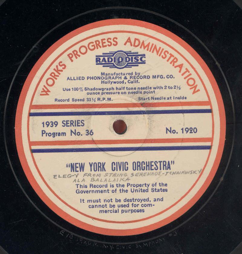 Label from a 16" WPA Federal Music Project Radio Division transcription disc 