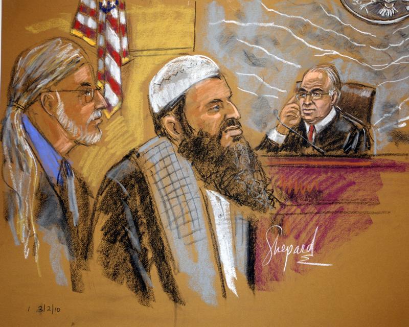 Courtroom drawing of Defense Attorney Ron Kuby (L), Ahmad Wais Afzali (C) and Judge Block (R)