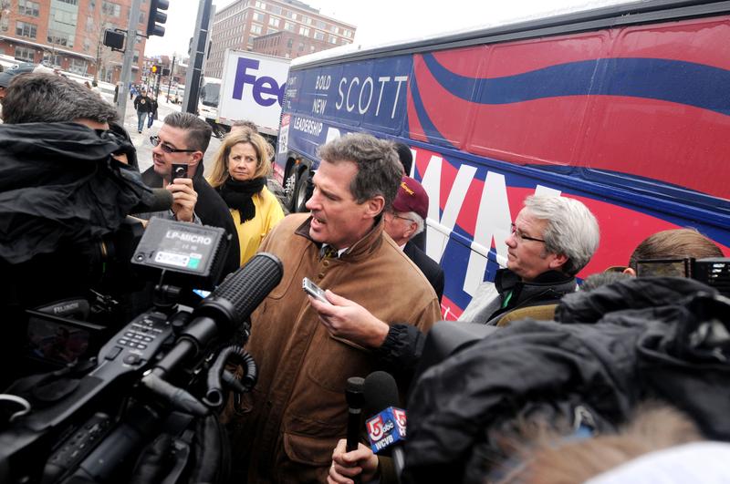 U.S. Senate republican nominee Scott Brown campaigns outside the TD Garden in downtown Boston, Massachusetts.