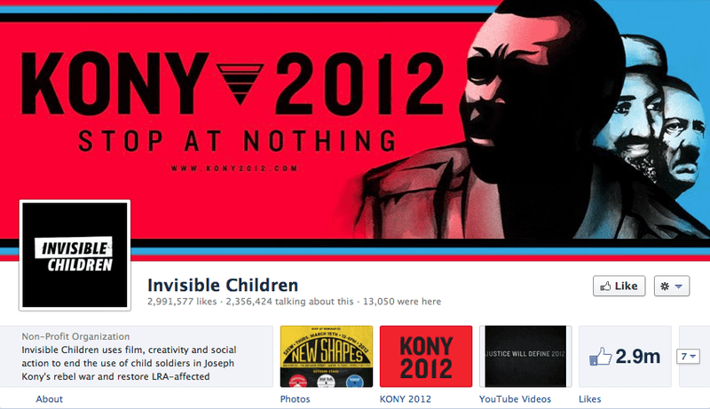 The Invisible Children Facebook page shows 2.3 million actively engaged in conversation.