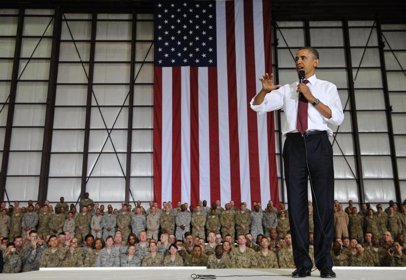President Obama speaks to troops during a visit to Bagram Air Field.