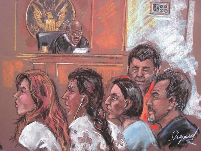 This drawing dated June 28, 2010 shows five of the 10 arrested Russian spy suspects in a New York courtroom. 