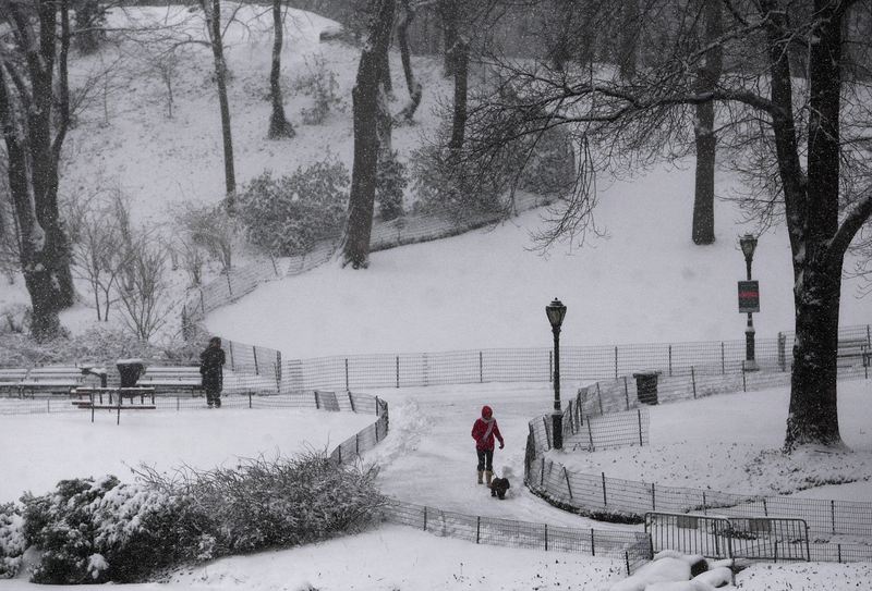 People walk through Central Park during a snowstorm February 10, 2010 in New York City.