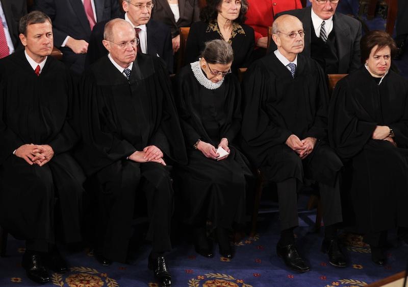 Supreme Court Justices John Roberts, Anthony Kennedy, Ruth Bader Ginsburg, Stephen Breyer, and  Elena Kagan attend President Obama's State of the Union speech on January 24, 2012.