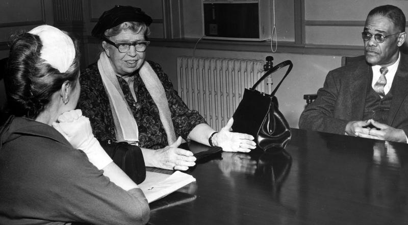 Eleanor Roosevelt, former First Lady of US and wife of former President Franklin D Roosevelt, with Mrs William Green and Rufus E Clement during a visit to Atlanta University, Atlanta, Georgia, 1960.
