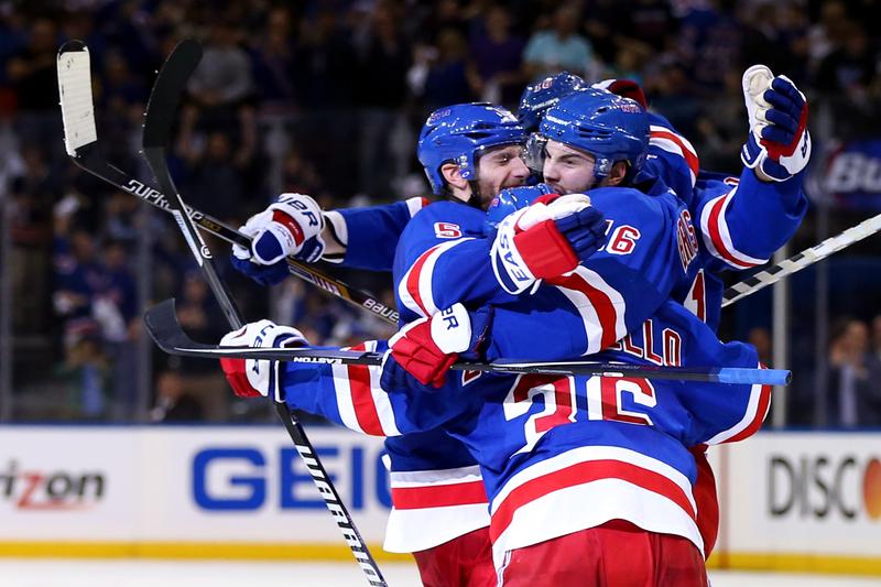 New York Rangers celebrate a goal against the Montreal Canadiens during Game Four of the Eastern Conference Final in the 2014 NHL Stanley Cup Playoffs at Madison Square Garden